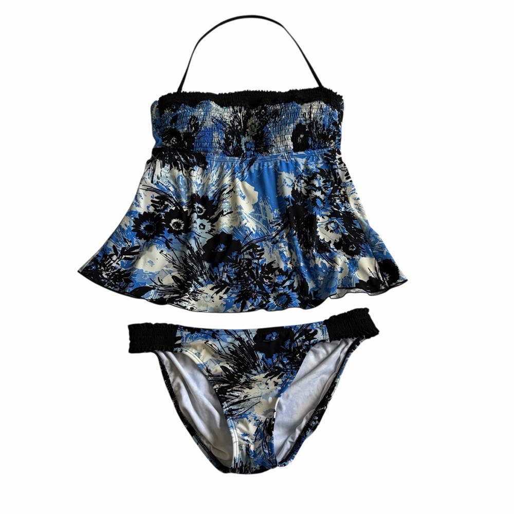 Kenneth Cole 2 Piece Blue Black White Halter Convertible Tankini - NWOT - Med